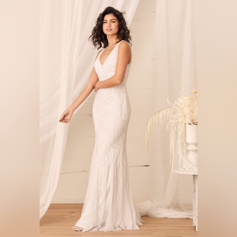 Lulu's Ivory Beaded V-Neck Bridal Gown
